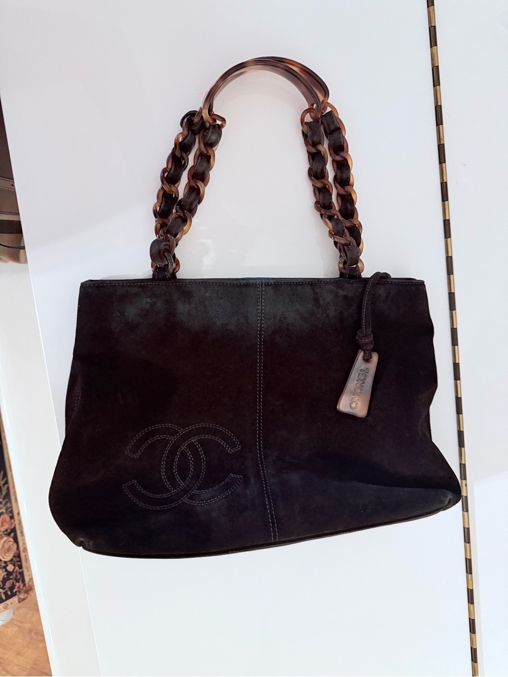 CHANEL Black Suede Shoulder Bag with Tortoiseshell Chain